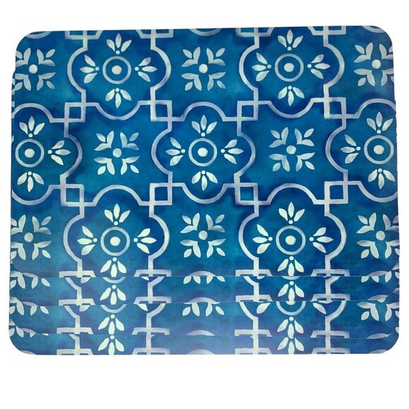 Blue and White Morroccan Tile Vinyl Reversible Placemats 4 Set - Picture 1 of 5